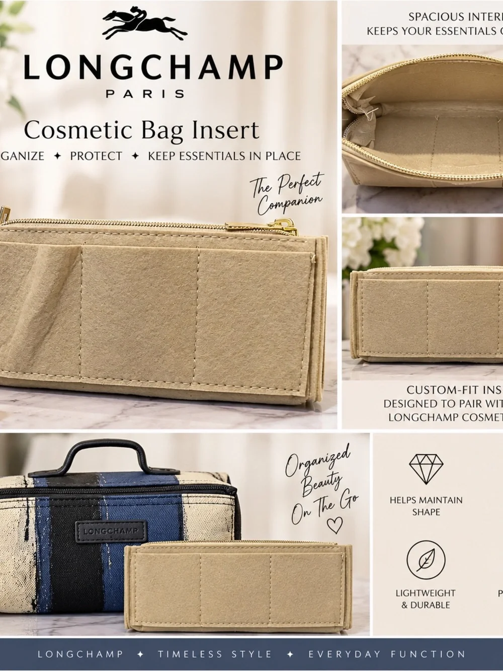 Longchamp Beige Cosmetic Bag Insert Organizer
